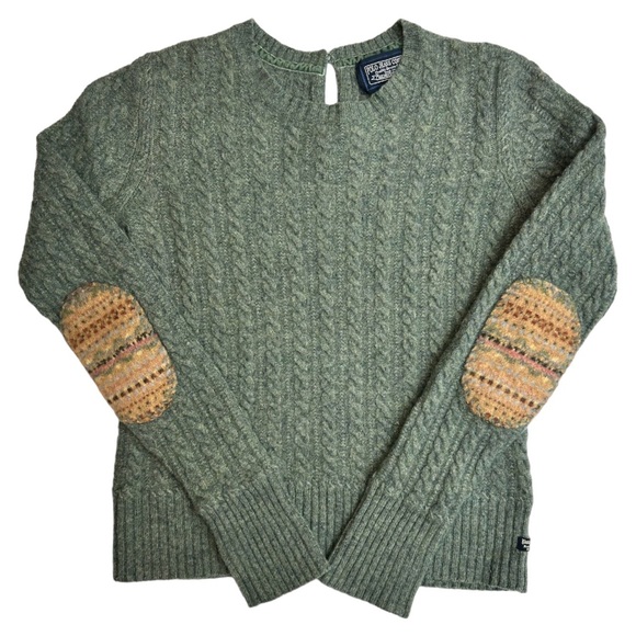 Vintage Polo Jeans Co Ralph Lauren MFG Cable Knit Wool Sweater Elbow Patch Large - Picture 2 of 11